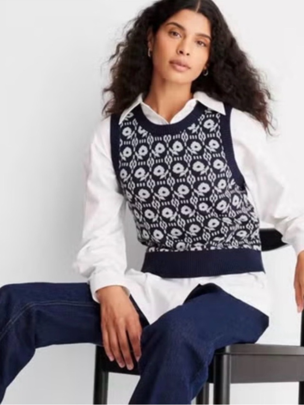 Future Collective by Reese Blutstein Navy Floral Pattern Sweater Vest, Large
